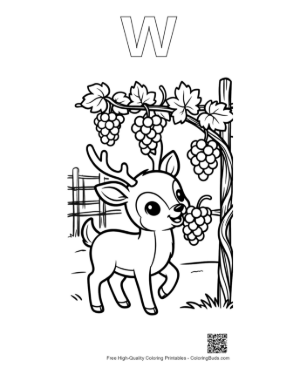 Thumbnail: Hungry Deer with Antlers Reaching for a Bunch of Grapes Printable Outline Alphabet W