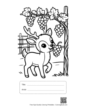 Thumbnail: Hungry Deer with Antlers Reaching for a Bunch of Grapes Printable with Title and Artist Box