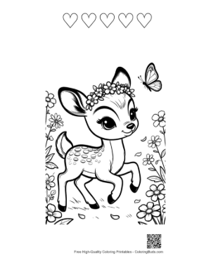 Thumbnail: Little Deer with Flower Crown and Butterfly Friend Printable and 5 Heart Outline