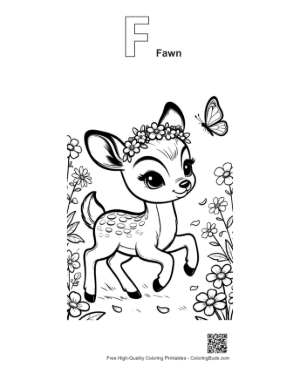 Thumbnail: Little Deer with Flower Crown and Butterfly Friend Printable Outline Alphabet F Fawn
