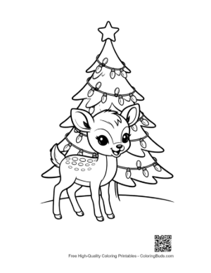 Thumbnail: Little Fawn Resting by a Snowy Christmas Tree Printable