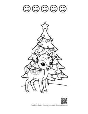 Thumbnail: Little Fawn Resting by a Snowy Christmas Tree Printable and 5 Happy Face Outline
