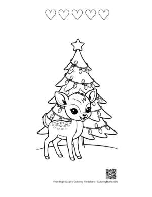 Thumbnail: Little Fawn Resting by a Snowy Christmas Tree Printable and 5 Heart Outline