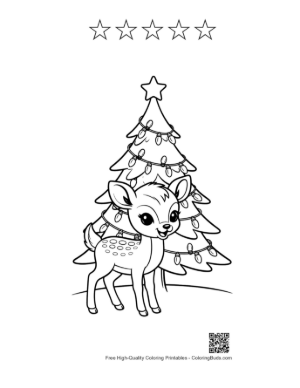 Thumbnail: Little Fawn Resting by a Snowy Christmas Tree Printable and 5 Star Outline