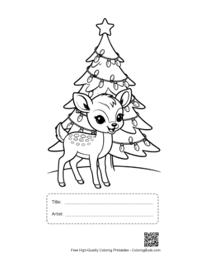 Thumbnail: Little Fawn Resting by a Snowy Christmas Tree Printable with Title and Artist Box