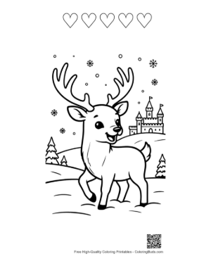 Thumbnail: Male Deer with Antlers Standing in a Snowy Winter Scene Printable and 5 Heart Outline