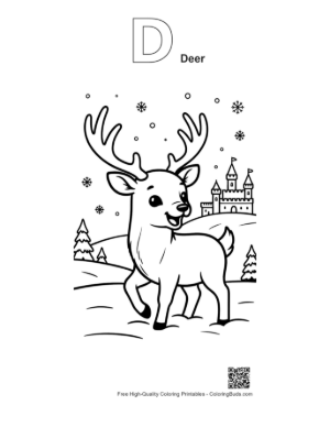 Thumbnail: Male Deer with Antlers Standing in a Snowy Winter Scene Printable Outline Alphabet D Deer