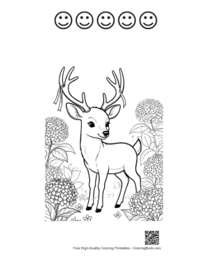 Thumbnail: Noble Deer with Antlers Standing by Thick Forest Bushes Printable and 5 Happy Face Outline