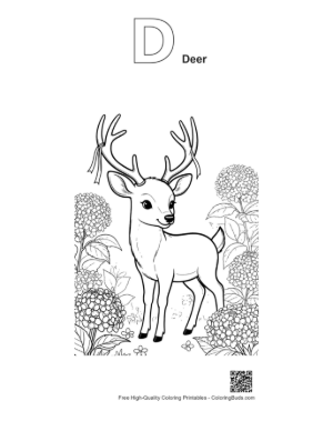 Thumbnail: Noble Deer with Antlers Standing by Thick Forest Bushes Printable Outline Alphabet D Deer