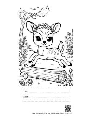 Thumbnail: Playful Fawn Balancing on a Mossy Tree Trunk Printable with Title and Artist Box