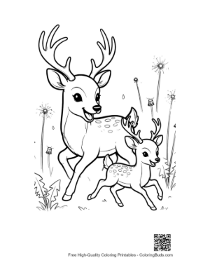 Thumbnail: Protective Buck with Antlers Standing with a Tiny Fawn Printable