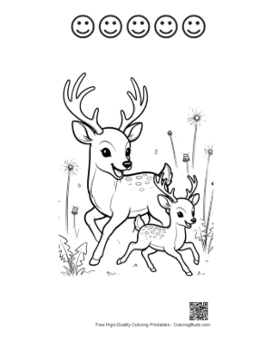 Thumbnail: Protective Buck with Antlers Standing with a Tiny Fawn Printable and 5 Happy Face Outline