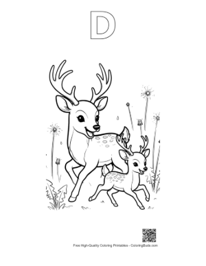 Thumbnail: Protective Buck with Antlers Standing with a Tiny Fawn Printable Outline Alphabet D