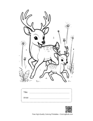 Thumbnail: Protective Buck with Antlers Standing with a Tiny Fawn Printable with Title and Artist Box