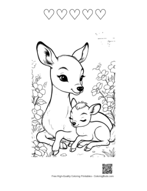 Thumbnail: Sweet Baby Deer and Doe Resting Together in a Meadow Printable and 5 Heart Outline