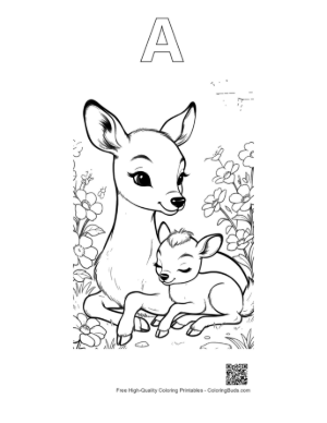 Thumbnail: Sweet Baby Deer and Doe Resting Together in a Meadow Printable Outline Alphabet A