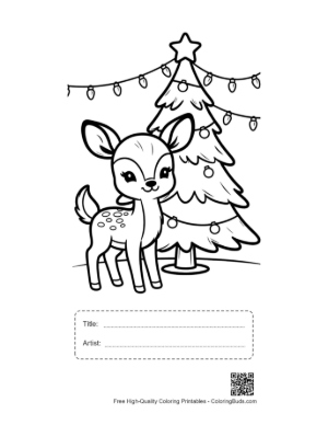 Thumbnail: Sweet Baby Fawn Next to a Glowing Christmas Tree Printable with Title and Artist Box