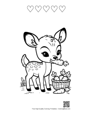 Thumbnail: Sweet Fawn Carrying a Basket of Fruit and Flowers Printable and 5 Heart Outline