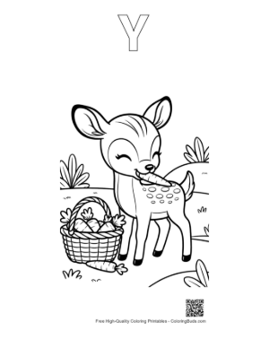 Thumbnail: Winking Fawn Holding a Basket of Flowers Printable Outline Alphabet Y