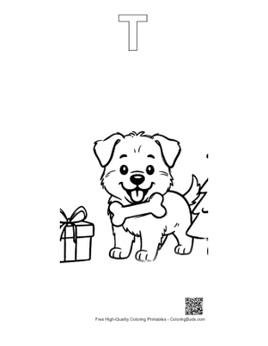Thumbnail: Adorable Becgie Puppy with a Bow Sitting Outside Its Wooden Kennel Sweet Pet Art Printable Outline Alphabet T