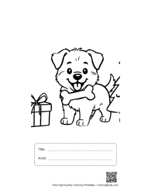 Thumbnail: Adorable Becgie Puppy with a Bow Sitting Outside Its Wooden Kennel Sweet Pet Art Printable with Title and Artist Box