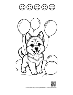 Thumbnail: Becgie Puppy Catching a Ball in the Backyard Puppy Exercise Line Drawing Printable and 5 Happy Face Outline