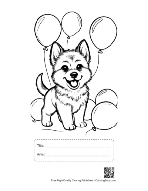 Thumbnail: Becgie Puppy Catching a Ball in the Backyard Puppy Exercise Line Drawing Printable with Title and Artist Box