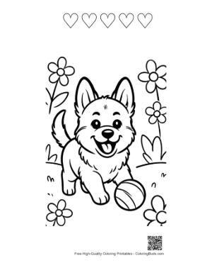 Thumbnail: Becgie Puppy Guarding a Parked School Bus Educational Puppy Coloring Page Printable and 5 Heart Outline