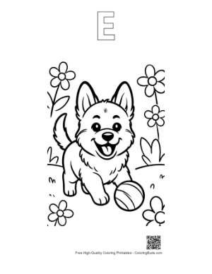 Thumbnail: Becgie Puppy Guarding a Parked School Bus Educational Puppy Coloring Page Printable Outline Alphabet E