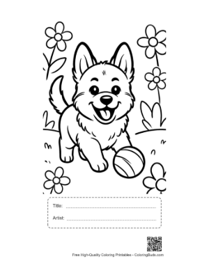 Thumbnail: Becgie Puppy Guarding a Parked School Bus Educational Puppy Coloring Page Printable with Title and Artist Box