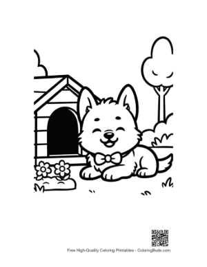 Thumbnail: Becgie Puppy in a Sunny Meadow with a Rainbow Cute Animal Coloring Page Printable