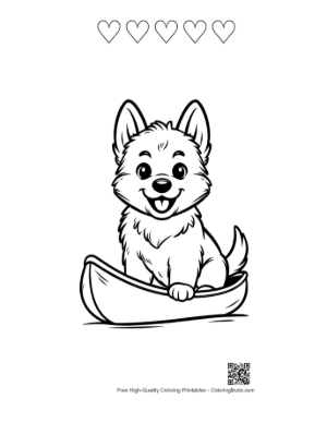 Thumbnail: Becgie Puppy Playing with a Ball Near Garden Plants and Flowers Nature Line Art Printable and 5 Heart Outline