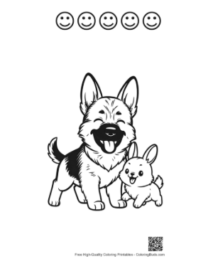 Thumbnail: Cheerful German Shepherd Puppy with Bunny Printable and 5 Happy Face Outline