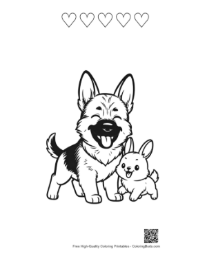 Thumbnail: Cheerful German Shepherd Puppy with Bunny Printable and 5 Heart Outline
