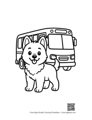 Thumbnail: Friendly Becgie Puppy Waiting at a Bus Stop with a Large City Bus Travel Theme Printable