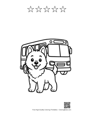 Thumbnail: Friendly Becgie Puppy Waiting at a Bus Stop with a Large City Bus Travel Theme Printable and 5 Star Outline