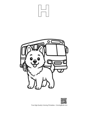 Thumbnail: Friendly Becgie Puppy Waiting at a Bus Stop with a Large City Bus Travel Theme Printable Outline Alphabet H