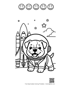 Thumbnail: Adorable Bulldog Space Explorer with Rocket Background Printable and 5 Happy Face Outline
