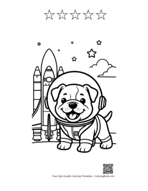 Thumbnail: Adorable Bulldog Space Explorer with Rocket Background Printable and 5 Star Outline