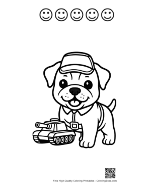 Thumbnail: Brave Bulldog Puppy Soldier with a Miniature Tank Printable and 5 Happy Face Outline