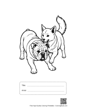 Thumbnail: Bulldog Playfully Wrestling Husky Puppy Printable with Title and Artist Box