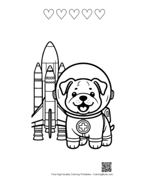 Thumbnail: Bulldog Puppy Astronaut Standing by a Rocket Ship Printable and 5 Heart Outline