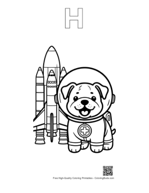 Thumbnail: Bulldog Puppy Astronaut Standing by a Rocket Ship Printable Outline Alphabet H