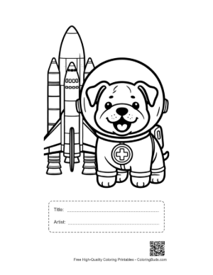 Thumbnail: Bulldog Puppy Astronaut Standing by a Rocket Ship Printable with Title and Artist Box