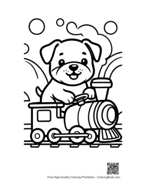 Thumbnail: Bulldog Puppy Sitting on a Colorful Steam Train Printable