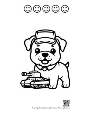 Thumbnail: Bulldog Puppy Wearing a Military Cap with a Tank Printable and 5 Happy Face Outline