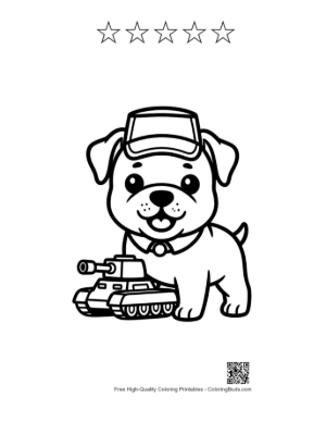 Thumbnail: Bulldog Puppy Wearing a Military Cap with a Tank Printable and 5 Star Outline