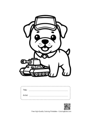 Thumbnail: Bulldog Puppy Wearing a Military Cap with a Tank Printable with Title and Artist Box