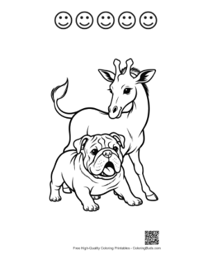 Thumbnail: Bulldog Puppy with Giraffe Line Art Printable and 5 Happy Face Outline