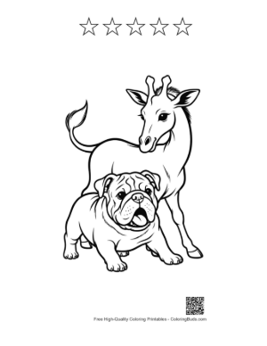 Thumbnail: Bulldog Puppy with Giraffe Line Art Printable and 5 Star Outline